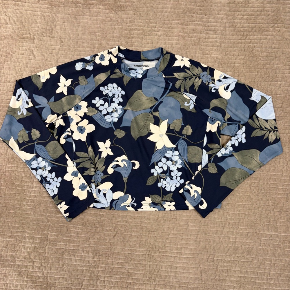 Lands‎ End Womens XL Petite Floral Rash Guard UPF 50+ Long Sleeve Swim Top Blue
